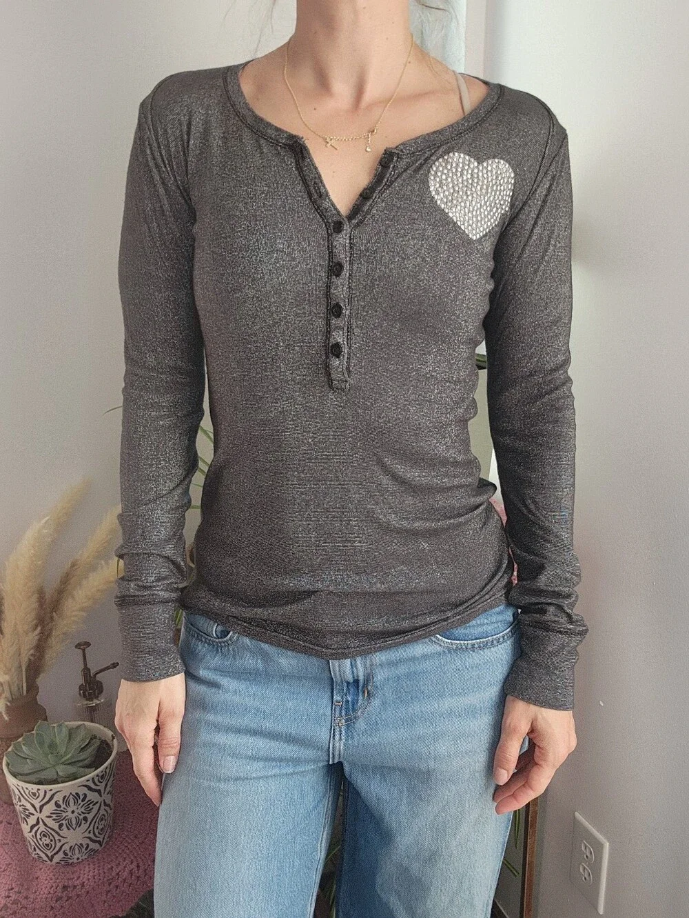 PINK Victorias Secret Metallic Shimmer Ling Sleeve Y2K Top Size Large